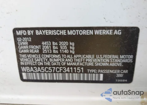 2012 BMW 328I из США, поврежденный, VIN WBA3A5C57CF341151